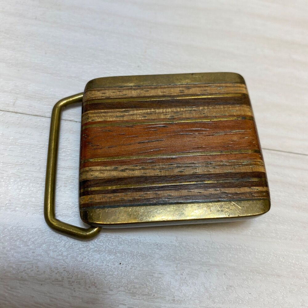 Exotic Brown Wood on Solid Brass Vintage 1978 BTS Belt Buckle For 2"x2"